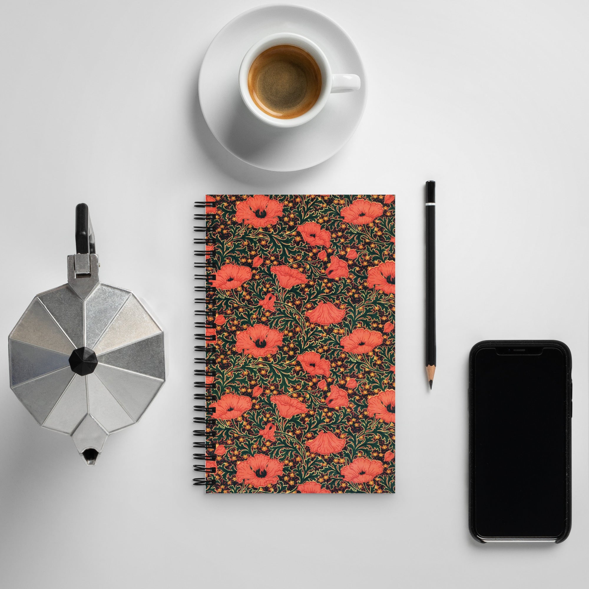 Spiral notebook featuring Poppy design, by Thomas Wardle & Co. c. 1885.