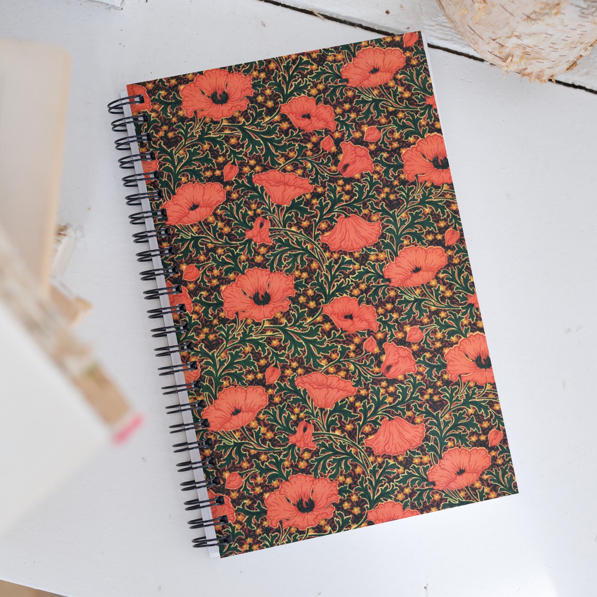 Spiral notebook featuring Poppy design, by Thomas Wardle & Co. c. 1885.
